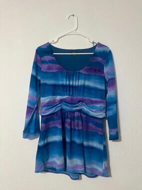 Nine West Watercolor Stripe Empire Waist Top Women Large Blue Purple 3/4 Sleeve